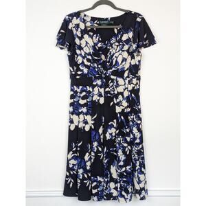 Lauren Ralph Lauren Dress Floral Pleated Flutter Cottagecore Black Blue Size 12
